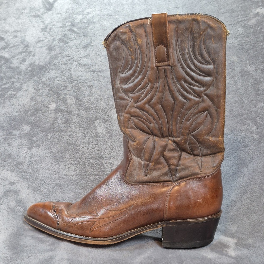 Acme Boots Mens 11 EW Extra Wide Brown Leather Geometric Stitch Western 70s VTG